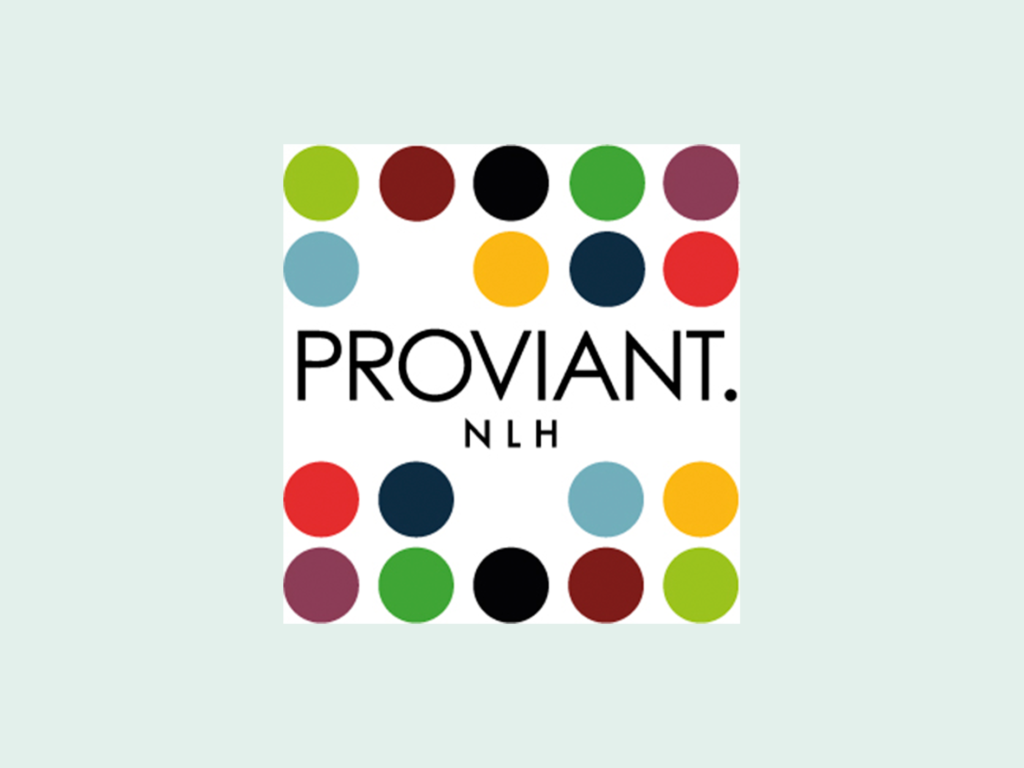 En logotyp för Proviant Näringslivets hus, i mitten på en grön bakgrund.