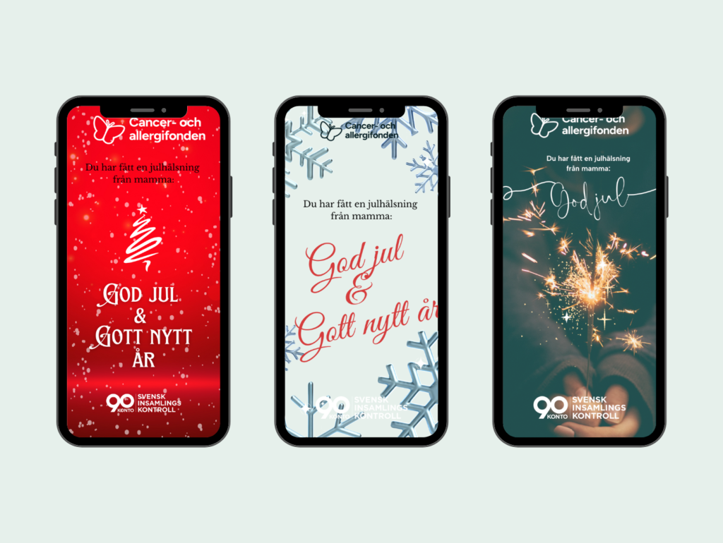Tre mobiler bredvid varandra med olika julhälsningar på skärmarna